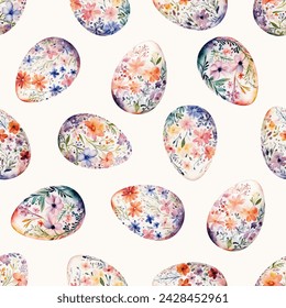 Colored watercolor Easter eggs with flowers on white background.  Easter seamless pattern, vector illustration.  Texture for fabric, wrapping, wallpaper, print