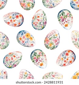 Colored watercolor Easter eggs with flowers on white background.  Easter seamless pattern, vector illustration.  Texture for fabric, wrapping, wallpaper, print