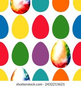 Colored watercolor Easter eggs with flowers on white background.  Easter seamless pattern, vector illustration.  Texture for fabric, wrapping, wallpaper, print