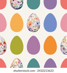 Acuarela de colores Huevos de Pascua con flores sobre fondo blanco.  Patrón sin fisuras de Pascua, ilustración vectorial.  Textura para tela, envoltura, papel pintado, impresión