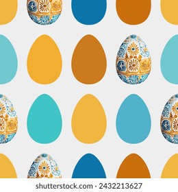 Colored watercolor Easter eggs with flowers on white background.  Easter seamless pattern, vector illustration.  Texture for fabric, wrapping, wallpaper, print