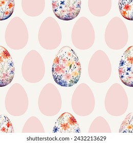 Colored watercolor Easter eggs with flowers on white background.  Easter seamless pattern, vector illustration.  Texture for fabric, wrapping, wallpaper, print