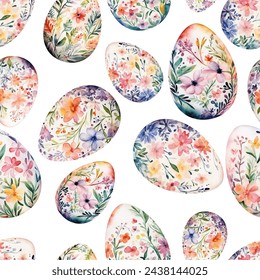 Acuarela de colores Huevos de Pascua con flores sobre fondo blanco.  Patrón sin fisuras de Pascua, ilustración vectorial.  Textura para tela, envoltura, papel pintado, impresión