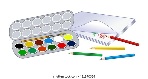 Colored watercolor. Pencils on a sheet of paper. School subjects for drawing lessons. Vector.