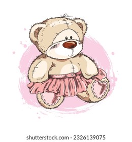 Colored watercolor sketch of funny cartoon female teddy bear. Pretty girl bear doll in a skirt. Hand drawn sitting Teddy bear vector illustration isolated pink spot on white background.