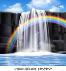 Colored waterfalls realistic composition with big colored rainbow and water flows from the mountains vector illustration