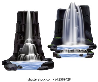 Colored waterfalls realistic composition set for game development and building two different variants vector illustration