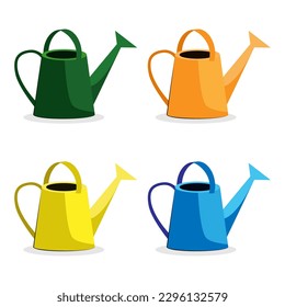 Colored watering cans: green, blue, orange and yellow