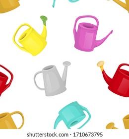 Colored watering cans. Seamless pattern. Vector illustration for backgrounds, print, fabric, paper. Isolated.
