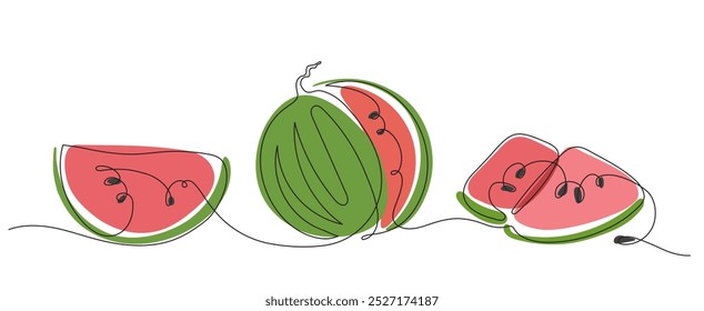 Colored watermelon slices doodle one line in vector clip art