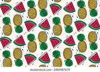 Colored watermelons and pineapples on a white background. Vector pattern with drawn watermelon slices and whole pineapples.