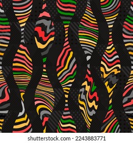 Colored wavy geometric with black background. Seamless pattern