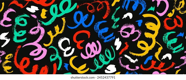 Colored wavy and swirled brush strokes vector seamless pattern. Loop bold lines and swashes. Hand drawn grunge geometric pattern. Organic ornament with chaotic curved brush strokes. 