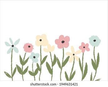 Colored wax crayons with cute children's drawing flowers isolated on white. Kid painting spring and summer meadow. Vector pastel chalk background banner.