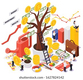 Colored wealth management isometric concept with abstract situation and big money three vector illustration