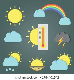 Iconos climáticos de colores. Diferente visualización del clima. Días lluviosos y soleados, nubes soleadas y sol feliz, luna, arco iris y termómetro, ilustración