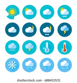 Colored weather icons in flat style. Different visualization of climate. Rainy and sunny days