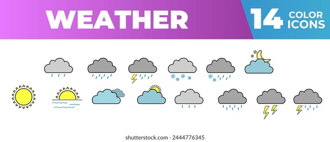 Colored weather icons.
Vector weather icons, sun, clouds, cloud, thunderstorm, snow, rain, rain with wind.
Beautiful vector weather icons