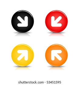 Colored web button with arrow sign. Glossy round shape with shadow and reflection. White background
