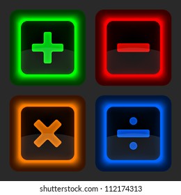 Colored web button with math symbols. Rounded square shape icon on gray background. 10 eps