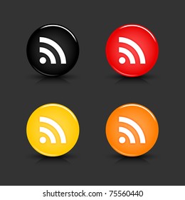 Colored web button with RSS sign. Round glassy shapes with shadow and reflection on gray. 10 eps