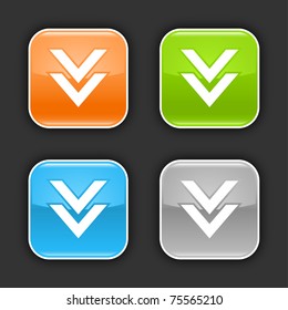 Colored web buttons with download sign. Glossy rounded square shapes with shadow on gray. 10 eps