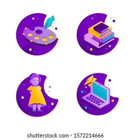 Colored web design icons drawing kids learning books