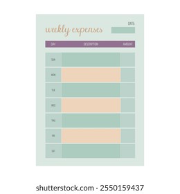 Colored weekly budget planner template. Vector illustration