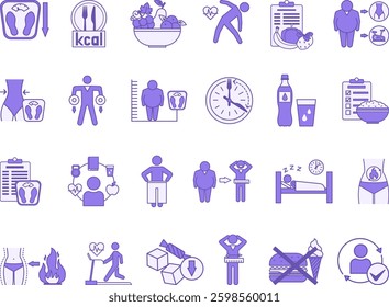 Colored Weight Loss Icon Set. Vector Illustrations Diet, Bathroom Scale, Calories, Healthy Eating, Fat Burning, Body Measurements, Exercise, Strength Training, Metabolism, BMI, Water Intake and More