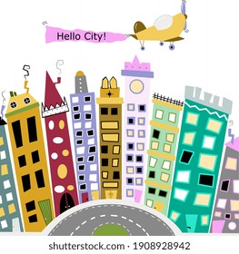 Colored whimsical buildings. Hand drawn trendy city vector illustration. Minimalistic concept, pastel colored cityscape.