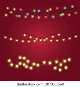 Colored and white garlands, Christmas lights set, light bulbs design, festive decorations on burgundy background. Flat vector illustration. Separated editable elements