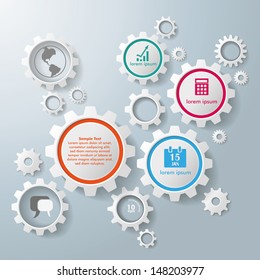 Colored and white gears on the grey background. Eps 10 vector file.