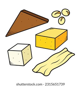 Colored white tofu cube, triangle sweet tofu, yellow tofu skin icon vector set illustration isolated on square white background. Simple flat minimalist outlined cartoon art style food drawing.