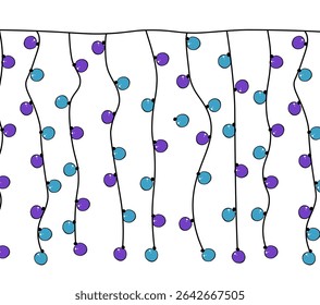 Colored window light garlands Seamless horizontal border. Vector graphic line ink illustration. decoration string light garland multicolored. Bulb lamp on ribbon for the new year.
