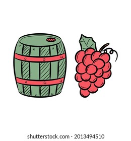 Colored Wine barrel and grapes vector illustration, with hand drawn sketching style