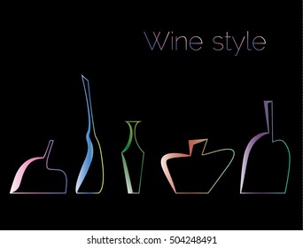 Colored wine bottles on a black background. Stylized outline