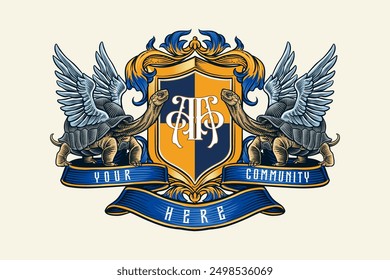 colored winged turtle crest logo illustration in vintage style