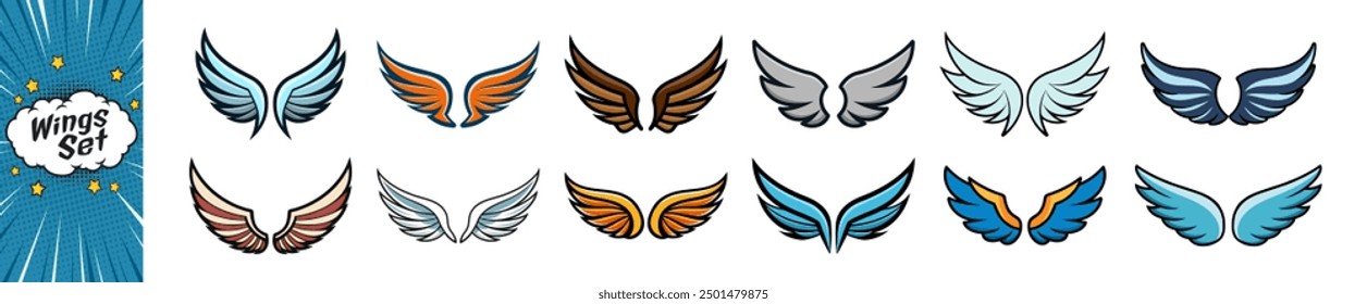 Colored wings icons on transparent background. Line style. Angel wings icon vector set. Eagle, bird, heraldic, flying, falcon, phoenix, hawk logo