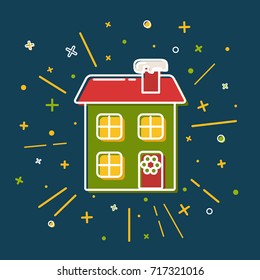 Colored winter house icon in thin line style. Festive home with wreath symbol isolated on blue background.