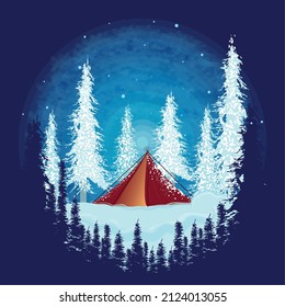 Colored winter landscape with a tent and trees Vector