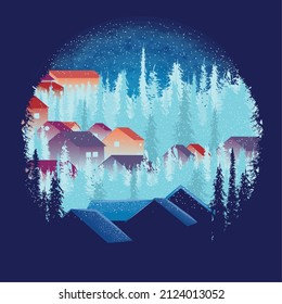Farbige Winterlandschaft mit Bäumen und Häusern Vektorgrafik