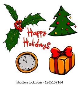 Colored winter new year set for greeting post card, invitation. Vector Illustration for coloring book. New year tree, present box, wall clock, ilex. Holy tree with berries. Red words Happy Holidays
