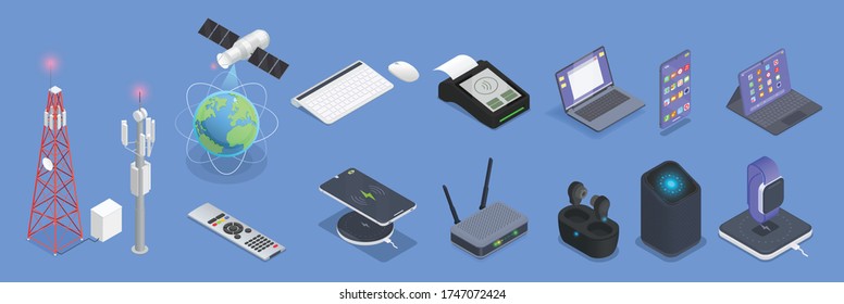 Colored wireless technologies isometric icon set with pos terminal connection smartphone router satellite and other elements of technology vector illustration