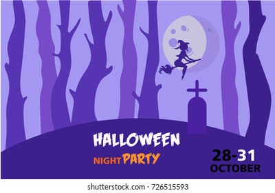 Colored witch flying in front of a purple moon. Halloween vector image