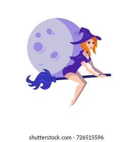 Colored witch flying in front of a purple moon. Halloween vector image