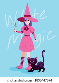 colored witch girl with cat