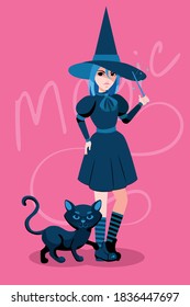 colored witch girl with cat