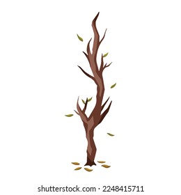Colored withering thin tree branch with falling leaves vector illustration isolated on white background. Dying tree drawing with cartoon simple flat art style and colors.