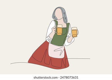 Colored woman carrying two glasses of beer. Oktoberfest concept one-line drawing