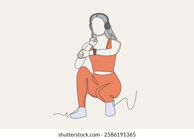 Colored woman checking pulse on neck using smartwatch. Counting pulse concept one-line drawing